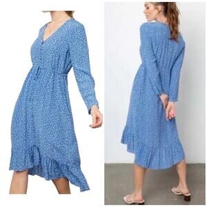 Rails Jade Blue/White Wisteria High -low Midi Dress M Floral Long Sleeve
